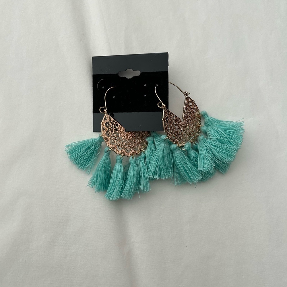 Elegant Gold and Teal Tassel Earrings